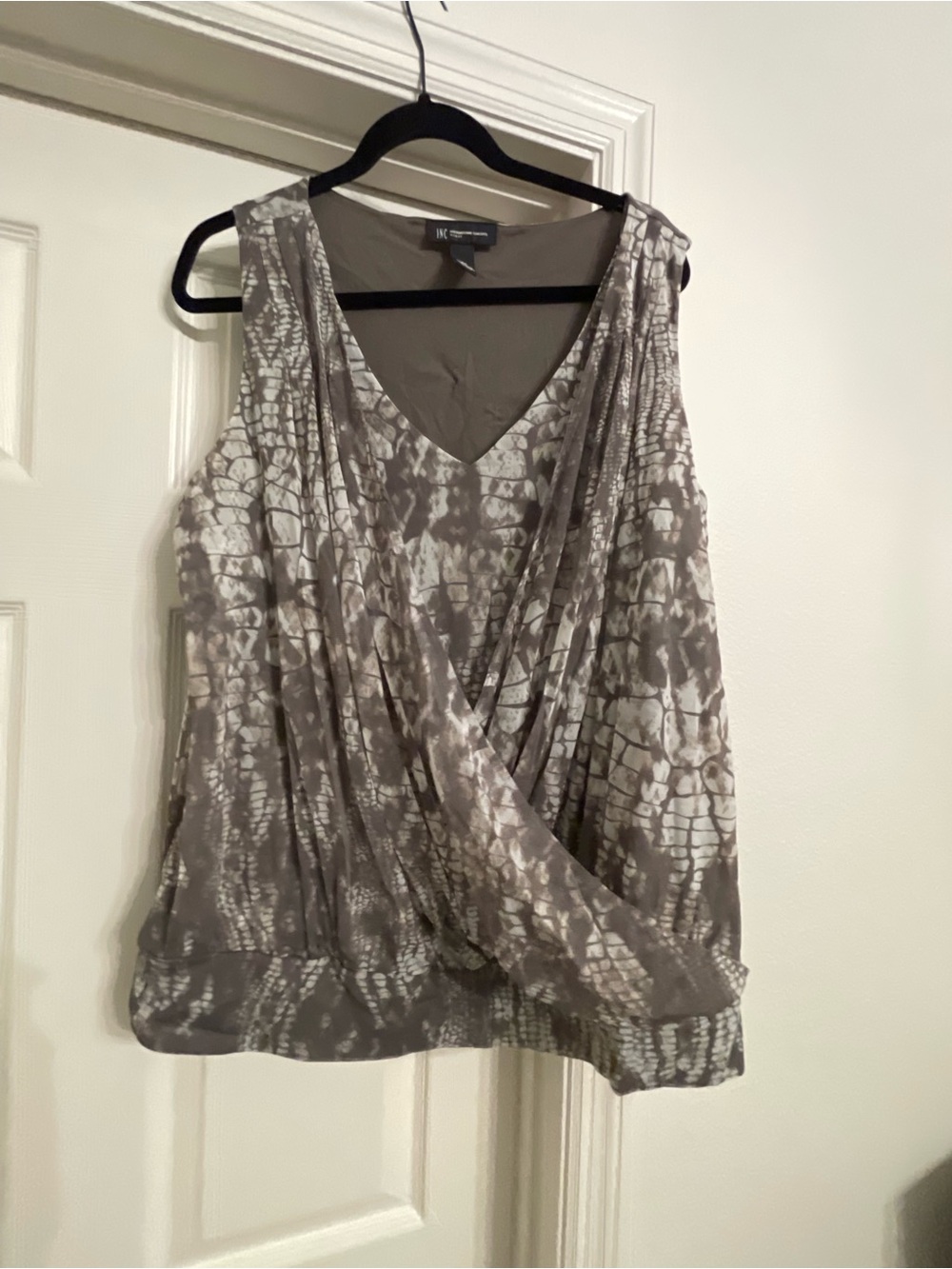 INC International Concepts Taupe & Cream Printed Surplice Sleeveless Top